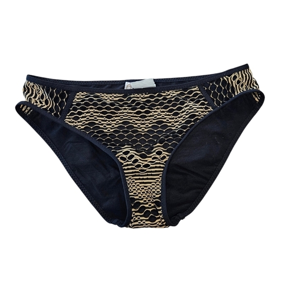 Becca Bikini Bottom SZ Med NWT Cut Out Design Hip Black Tan Swim Bikini Bottom - Picture 1 of 9